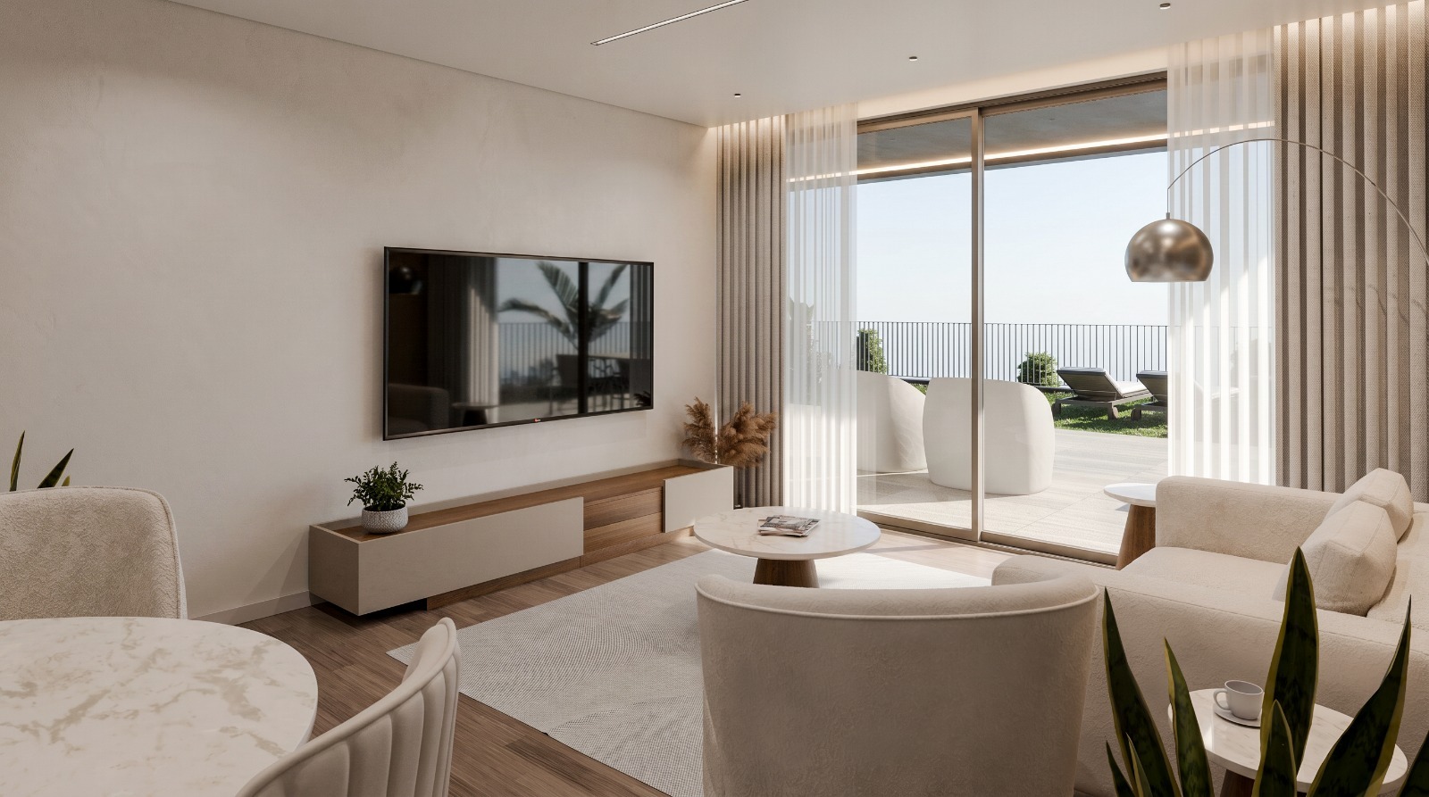 Sala de estar com varanda e mobilário contemporâneo